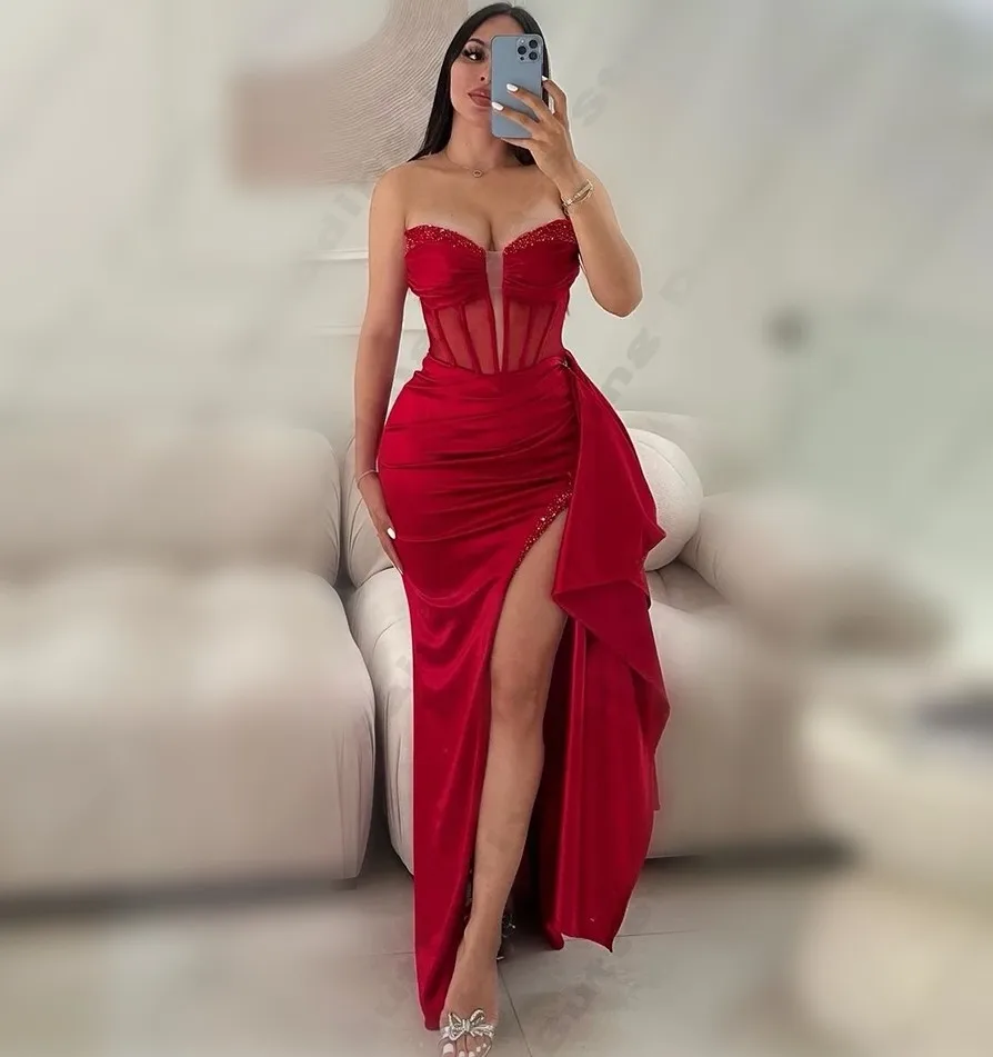 2025 sexy requintado vermelho vestidos de noite querida beading alta divisão cetim sereia formal baile de formatura vestido de festa robe de soriee