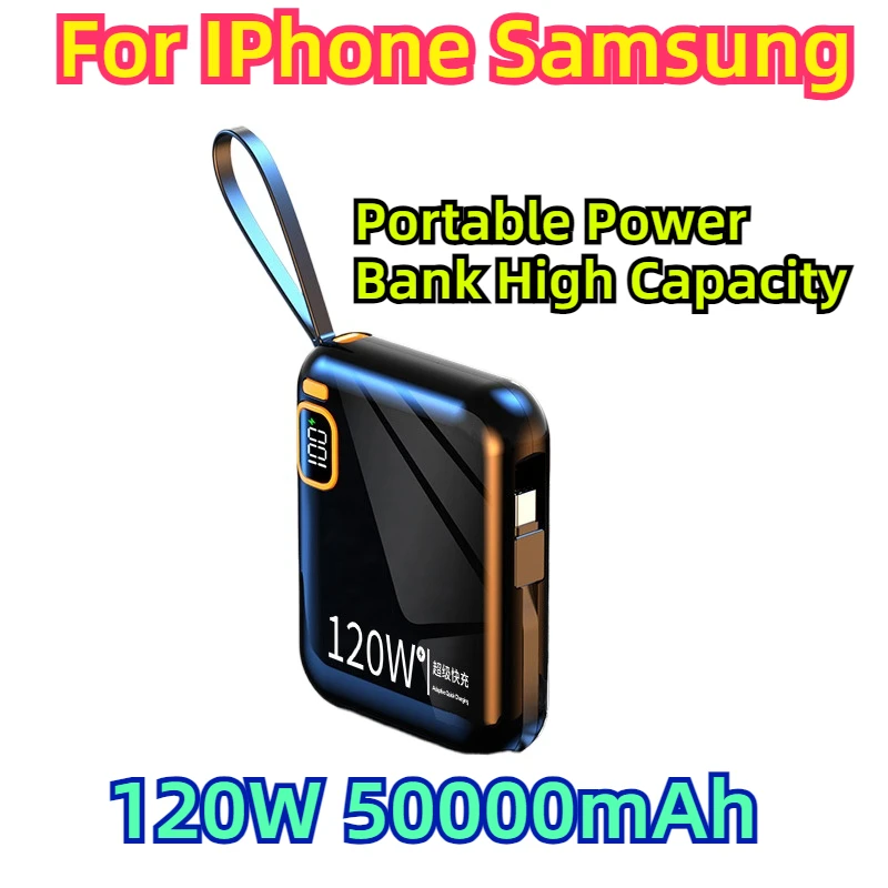 For IPhone Samsung New 120W 50000mAh Portable Power Bank High Capacity Cable Two-way Fast Charging Mini Powerbank