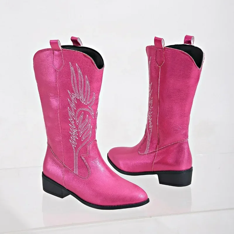 Winter Shoes Female Slip-on Women\'s Mid-Calf Boots Square Low Heel Casual Embroider Ladies Pink Satin Embroidery Carve Designs