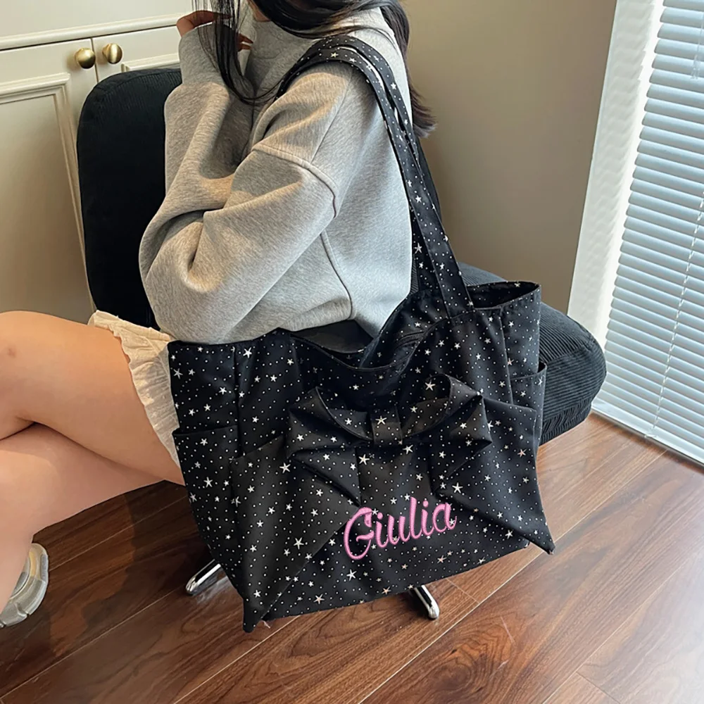 

Популярная плиссированная большая сумка в горошек с бантом, модная дорожная сумка большой вместимости 2025 года, холщовая сумка с вышивкой на заказ