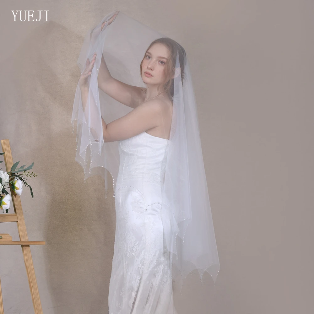 YUEJI-véu nupcial artesanal com gotas de cristal, borda recortada, tule, casamento próprio, branco, marfim, elegante, YJ218