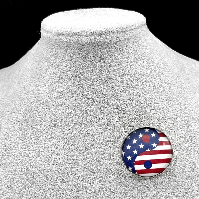العلم الأمريكي تاي تشي يين يانغ الزجاج جولة ميدالية بروش دبابيس للنساء الرجال الفولاذ المقاوم للصدأ الفضة اللون شارة مجوهرات هدية #3