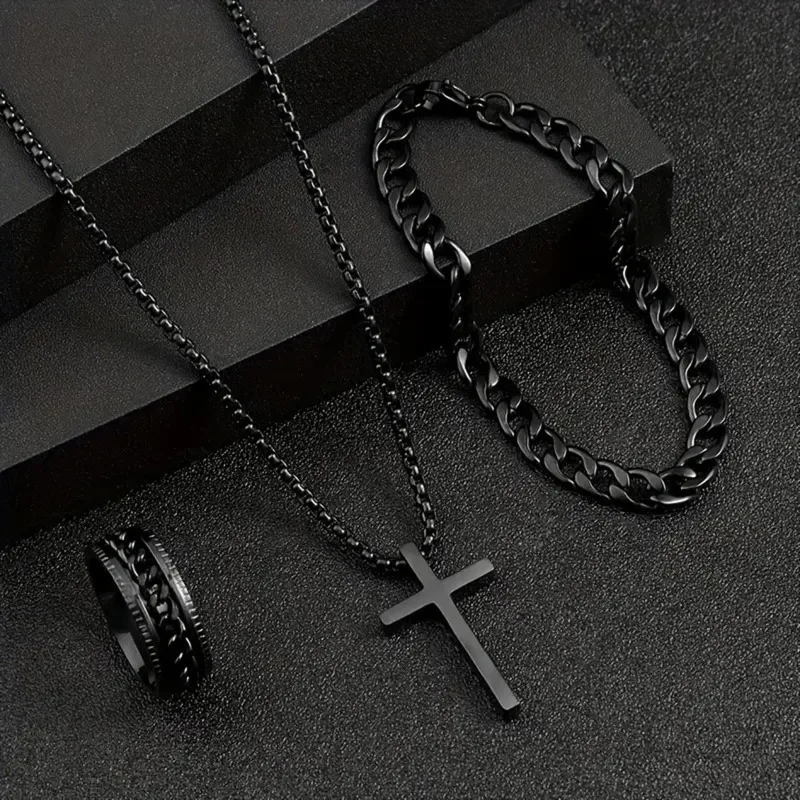 Punk Cross Pendant Necklace Bracelet Chain Ring Men\'s Set Simple Personality Hip Hop Party Three Piece Jewelry Accessories