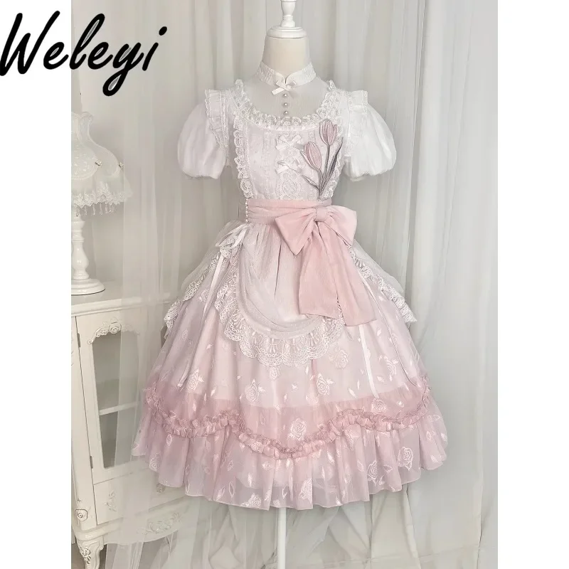 Kawaii Fashion Lolita Dress 2024 Summer New Sweet Original Flower and Poem Girl Embroidered Fold Short Sleeved Flounced Dresses