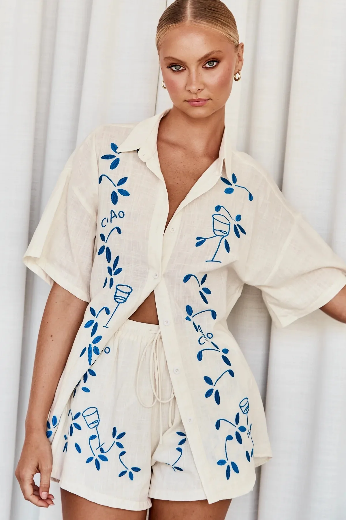 25 春夏新作 3D刺繍入り 快適カジュアルショートシャツセット-88189