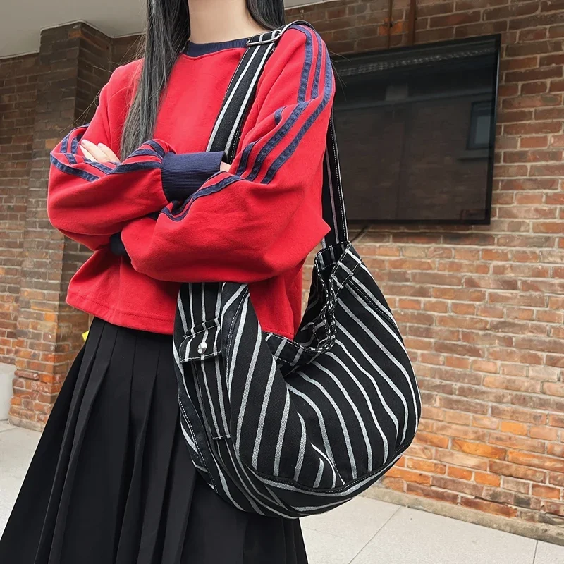 Striped Denim Women's Bag New Jeans Shoulder Bag Portable Messenger Bag Y2K Eco Bag Korean Shopper Handbag Canvas Satchel Travel