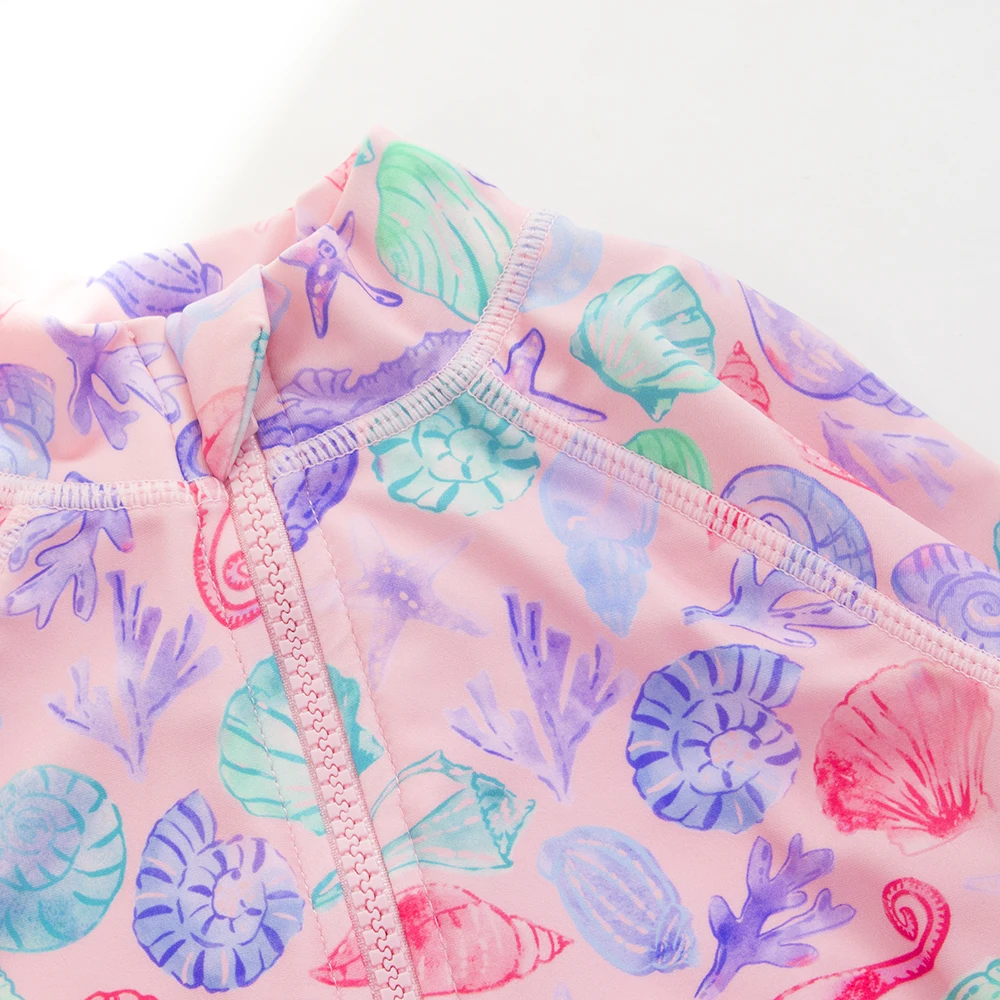 1-5 Year 1-piece Quick-Drying Shell Print Sunscreen Girls Swimsuit Zipper High Stretchy Long Sleeved Round Neck Kids Swimwear ﻿