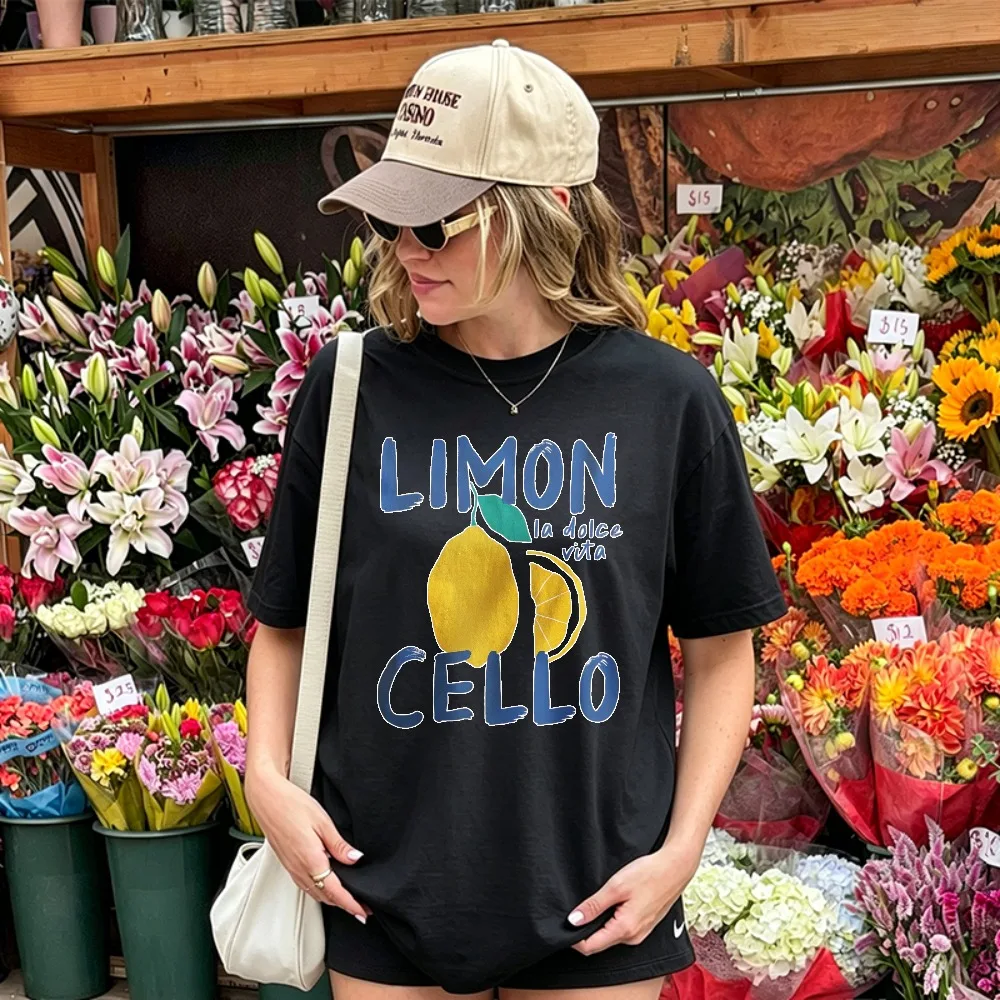 Limoncello La Dolce Vita Hand Drawn Lemon Fruit Graphic T Shirt Italian Quote Cotton Tee Summer Holiday Aesthetic Casual Tops