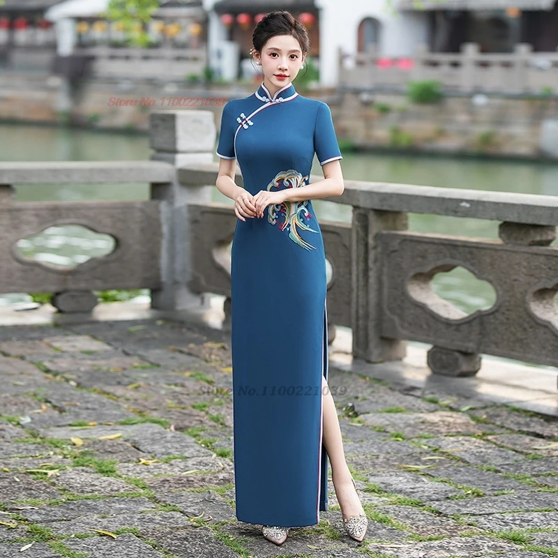 

2025 traditional flower embroidery formal dress chinese improved cheongsam stage performance qipao retro banquet evening dress