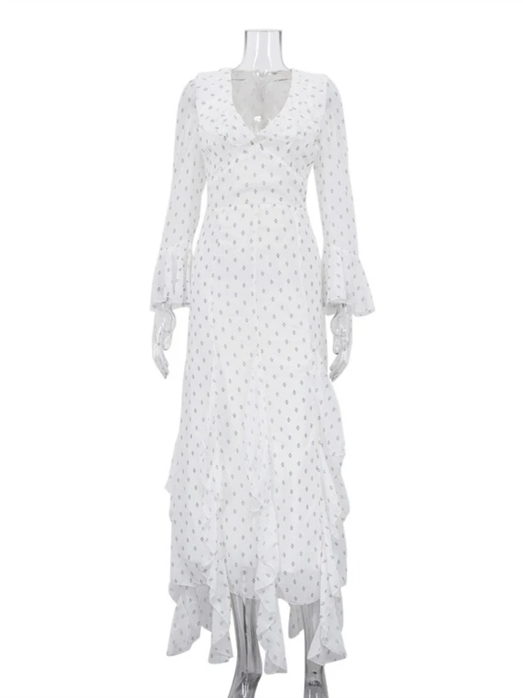 Tossy Elegant Printing Polka Dot Long Dress Women Flared Sleeves High-Waist Flounced Edge Slim Dress Female Spring Maxi Dress