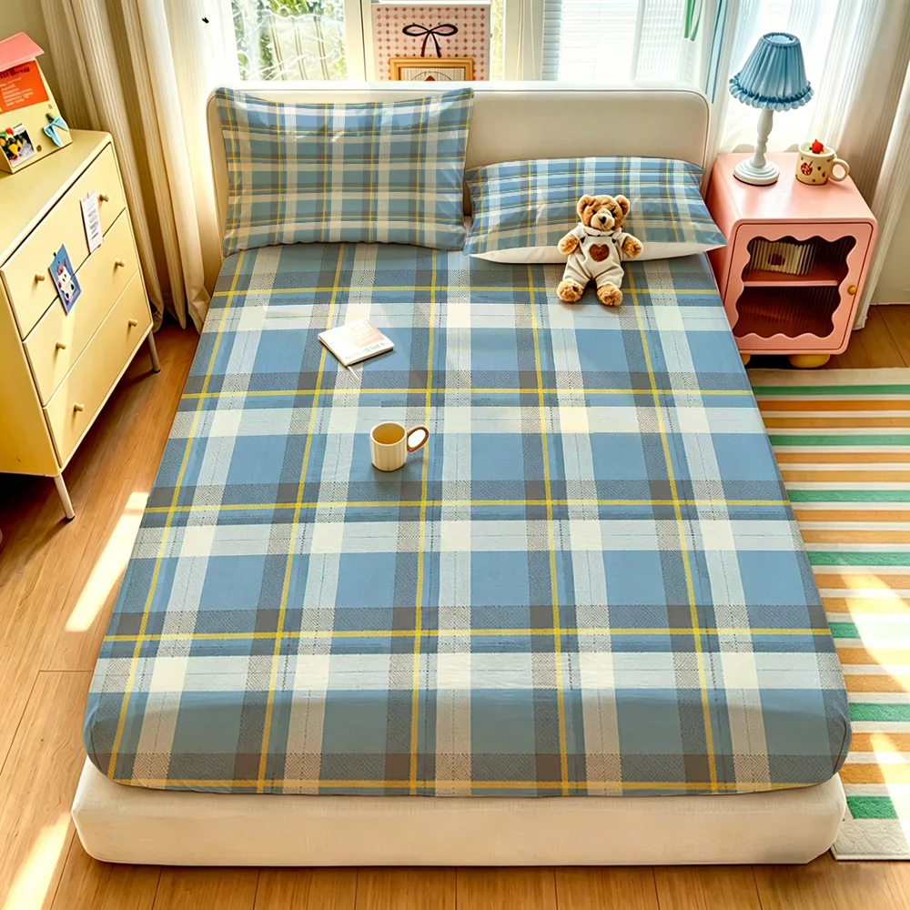 3pcs 90g polyester blue-white-yellow checkered fabric, soft and comfortable for bedding sets