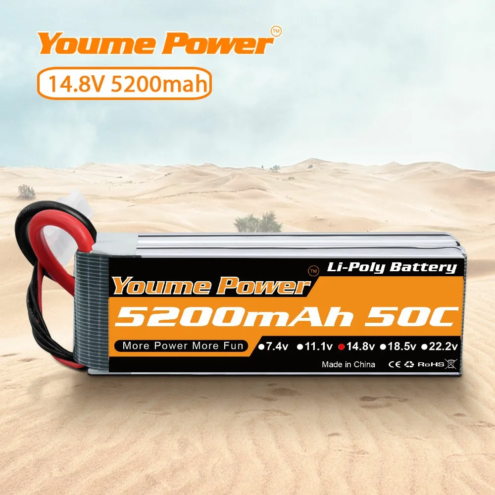 

Youme 14.8V 4S Lipo Battery 5200mAh 50C with deans Plug RC Batteries for RC Car Boat RC Helicopter Airplane Truck Truggy Arrma