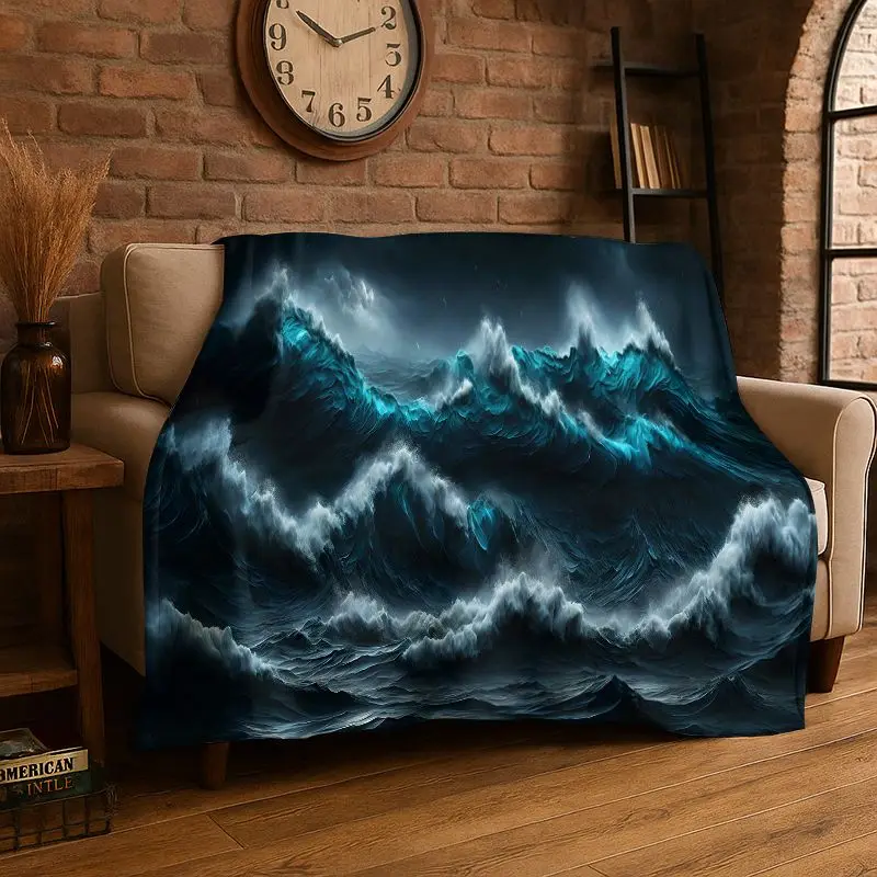 Nature Sea Wave Storm Seawater Flannel Blanket Soft Throw Blanket for Bedroom Living Room Bed Travel Camping Picnic Nap Cover