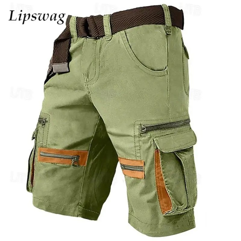 

2025 Summer Outdoor Casual Breathable Mens Shorts Vintage Patchwork Multi Pockets Zipper Cargo Shorts Men Loose Straight Shorts