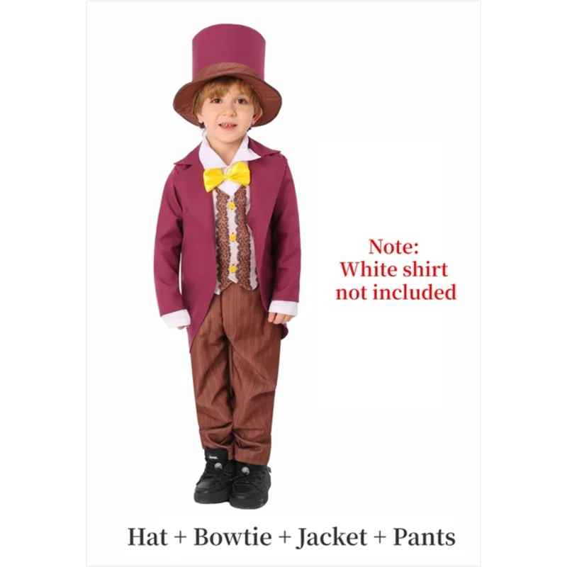 2025 NewMovie Willy Cosplay Fancy Chocolate Factory Costume Disguise Kids Boys Roleplay Outfit Men Haloween Carnival Party S AA