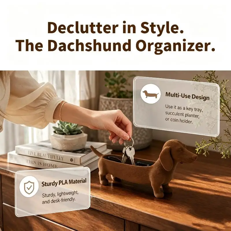 Ornaments 3D Printed Dachshund Storage Tray Animal Funny Sausage Dog Planter Plastic Tabletop Organizer Figurine Office