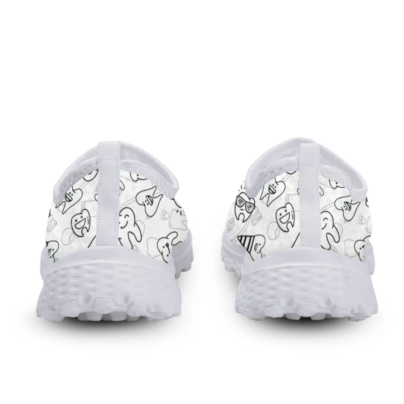 White Cartoon Tooth Design Mesh Shoes para mulheres, respirável, confortável, Flat Walking, Running, Fashion