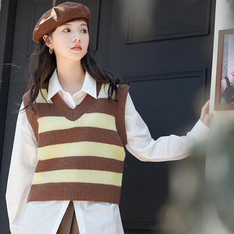 Women Y2K Autumn Stripe Sweater Vest Printed Sleeveless Loose Outerwear Knitted Waistcoat Vintage Pullovers Tops