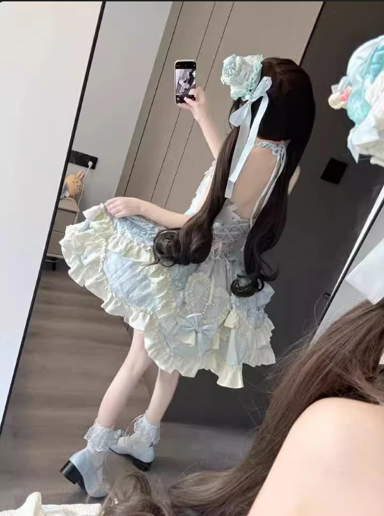 Vestido azul de Lolita gótico de cintura alta, ajustado, elegante, con lazo, sin mangas, vestido de princesa Jsk, Vestido corto de fiesta para Mujer, Vestidos para Mujer