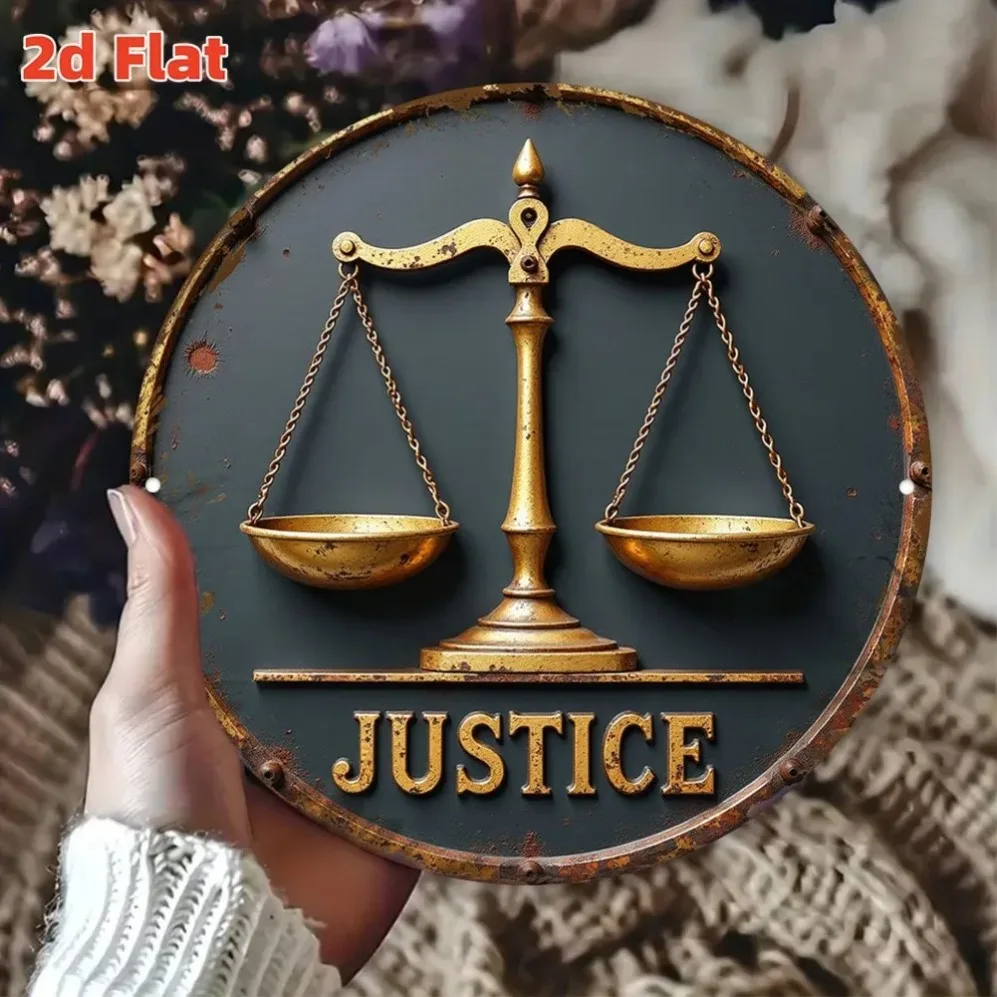 لوحة فنية جدارية معدنية بمقاييس العدالة العتيقة - لافتة ألومنيوم مسطحة ثنائية الأبعاد مع موازين ذهبية وسيف |   المنزل