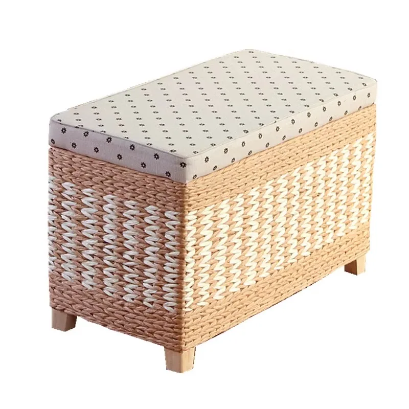 

Storage stool Storage Solid wood household seated storage box grass woven sofa Door shoe changing