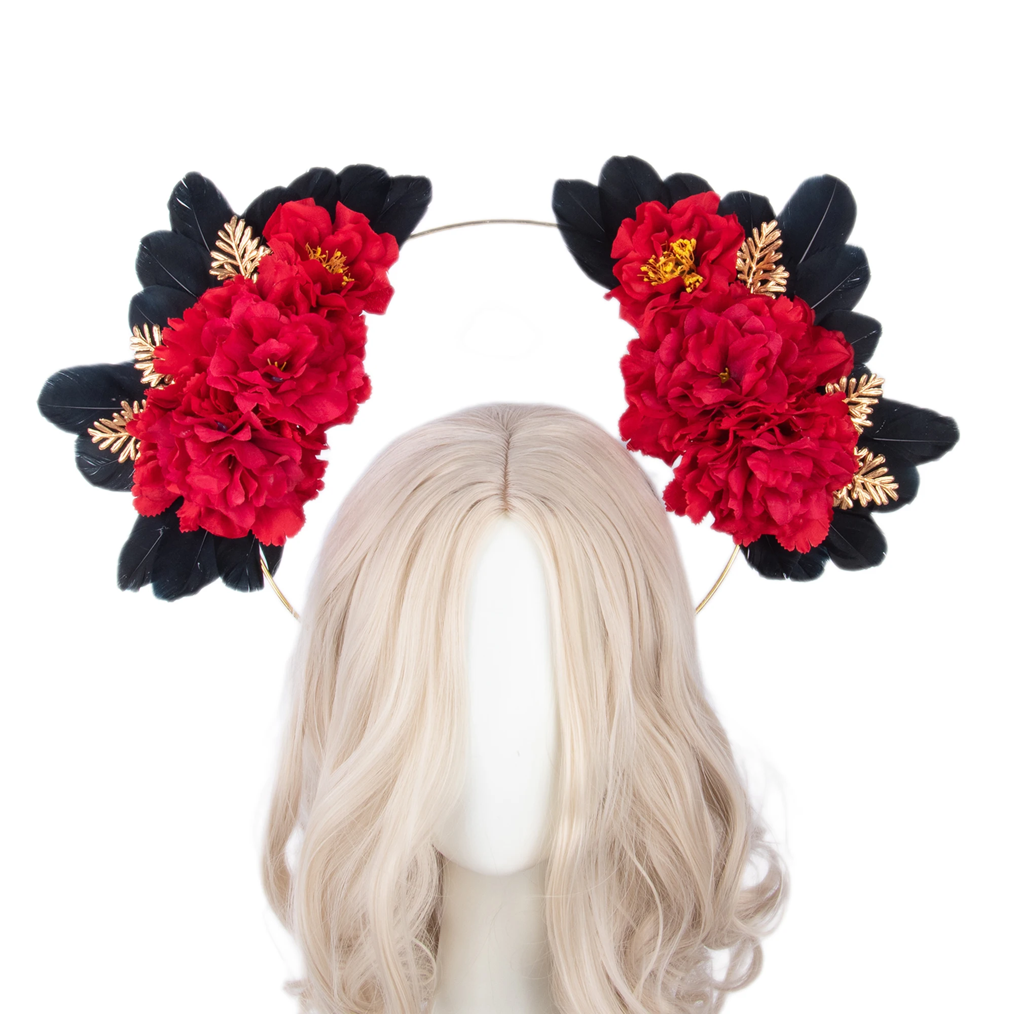 

Red Rose Black Angel Wings Halo Crown Gothic Lolita Halo Headpiece for Halloween Christmas Goddess Photographer Shoot Props