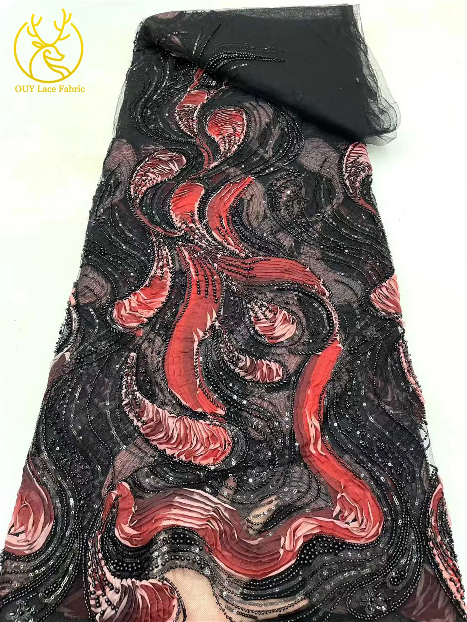 قماش دانتيل ترتر أفريقي عالي الجودة لعام 2025 قماش شبكي مزخرف مطرز بالخرز لفستان حفلات الزفاف 5 ياردات