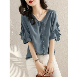 Fashion Solid Color Loose Butterfly Bow Lacing Blouse Women High Quality V-neck Short Sleeve Ruffles Pullover Chiffon Shirt