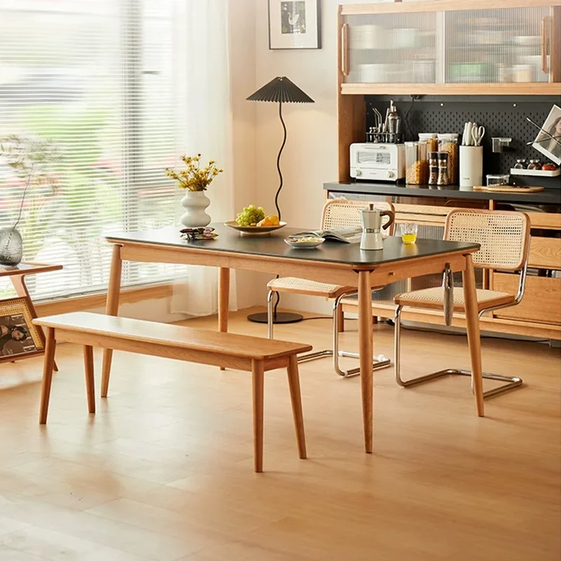 

Solid wood dining table, pure white and black rock slab dining table, household Nordic cherry wood dining table and chair co