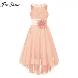 Kids Wedding Flower Girls Party Dress Sleeveless Ruched Shiny Beaded Hi-low Hem Elegant Chiffon Dress for Birthday Evening Prom