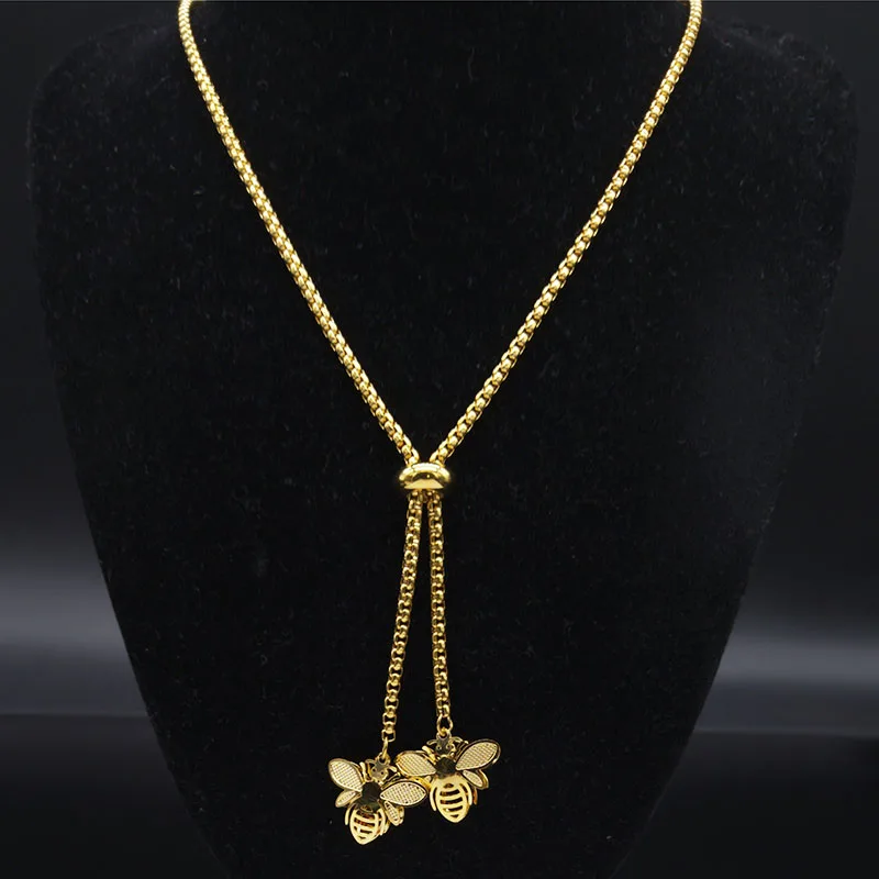 Fashion Bee Stainless Steel Long Necklace for Women Gold Color Statement Necklace Jewelry colgantes mujer moda N1525S03