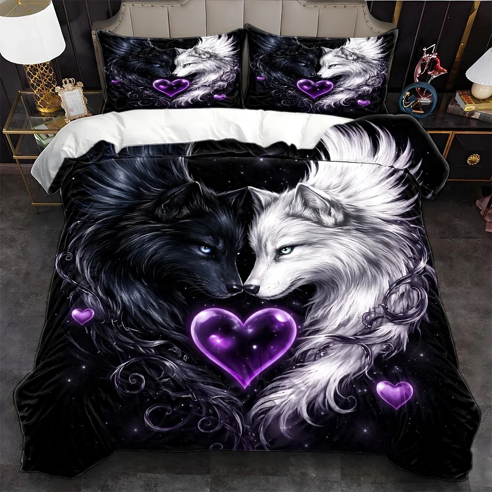 3Pc Hot-Selling Black and White Double Wolf Heart Print Duvet Cover Set, Three-Piece Bedding Set (1*Duvet Cover + 2*Pillowcases), Suitable for All Seasons, Machine Washable, Includes Invisible Zipper Double Bed Cover, Suitable for Home, Dormitory, Master Bedroom, Guest Room, Dreamy Starry Animal Pattern Bedding Set, Large Duvet Cover Set Suitable for Multiple Settings, Personalized Trendy Bedding Enhances Sleep Ambiance, Soft Skin-Friendly Fabric Creates a Comfortable Sleeping Space, Popular Bedroom Decoration Bedding Set