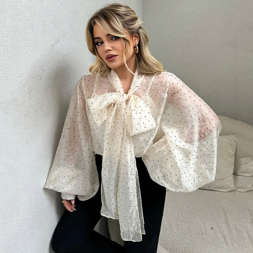 

Linad Vintage Sheer Polka Dot Scarf Collar Shirts Elegant Lantern Sleeve Loose Woman Blouse Spring Street Chic Pullover Top 2026