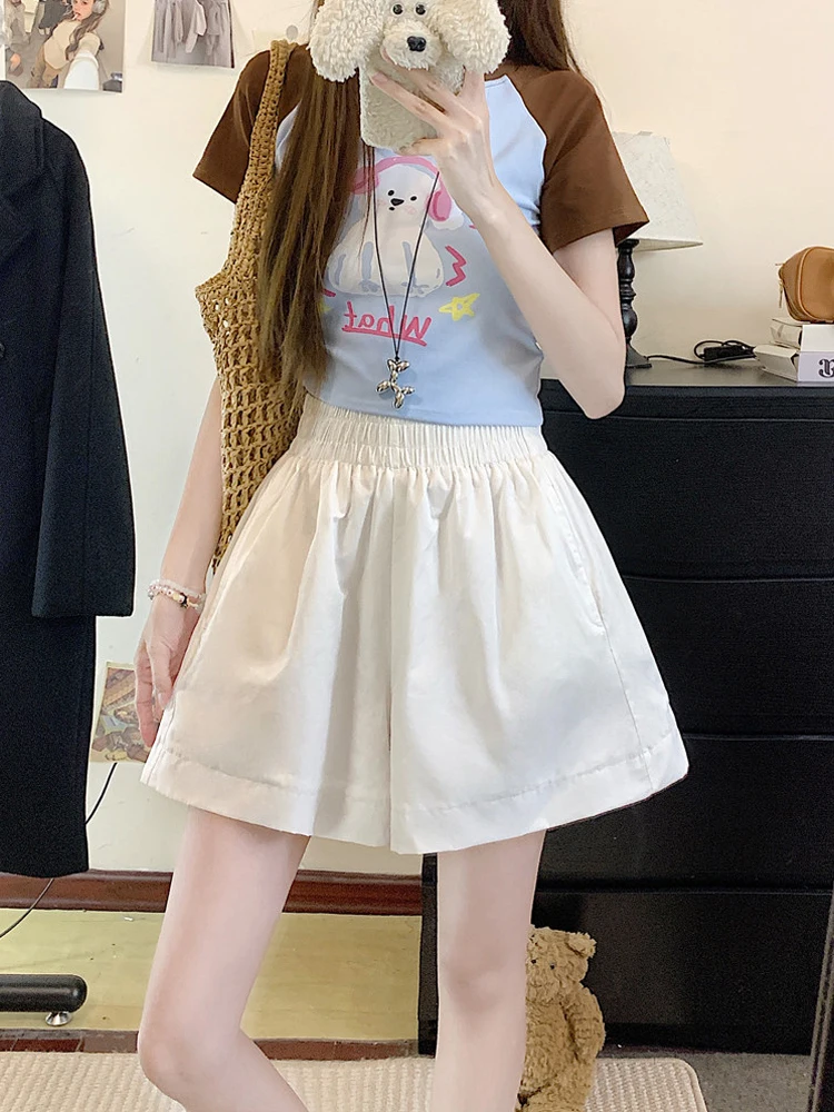 

Summer 2026 Women's Casual Pants High Waist Wide Leg Pocket Pure Color Elastic Waist Shorts Chic Simple Style Korean Trend