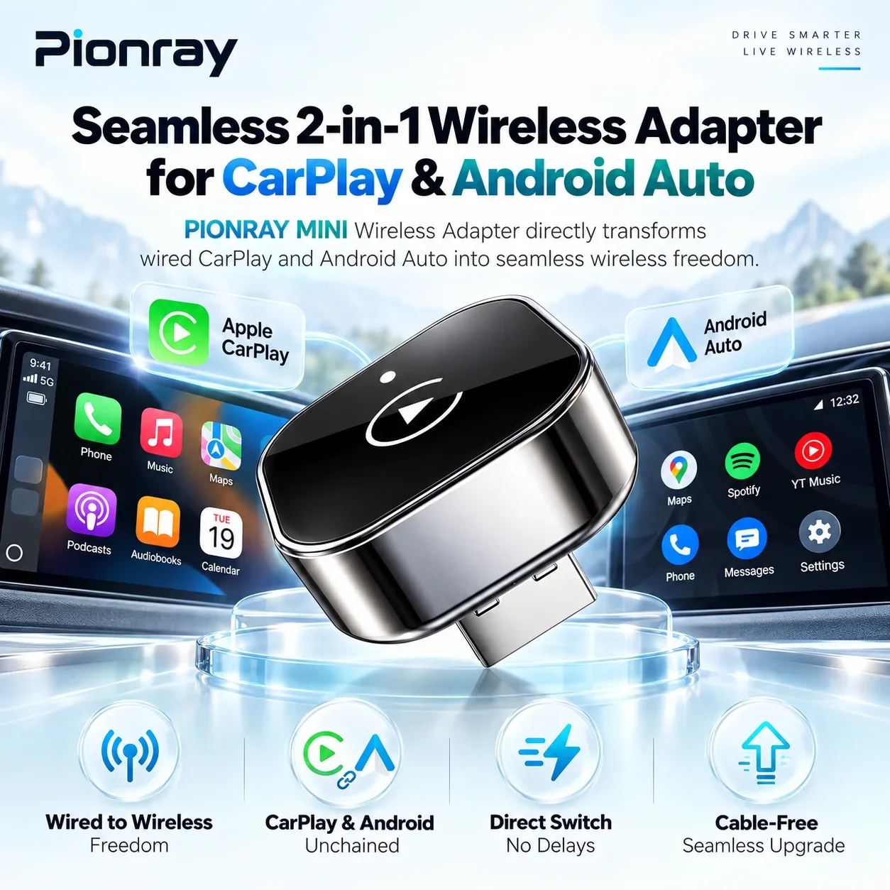 Upgraded Pionray Wireless CarPlay Adapter Stable Transmission No Delay Convert Wired to Wireless CarPlay for Enhanced Driving Ex