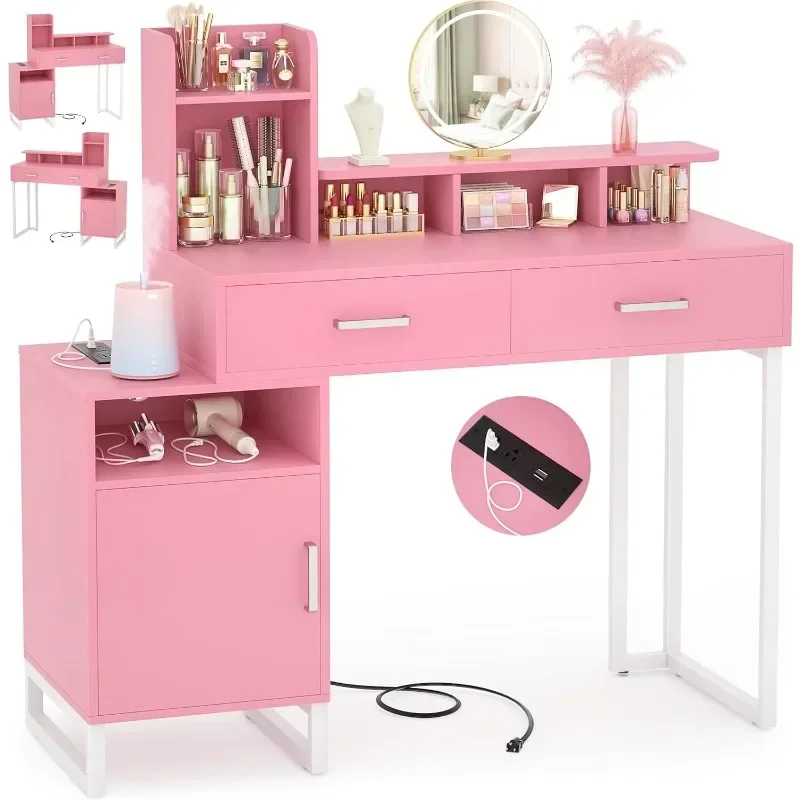 Small Vanity Desk with Power Outlet, Makeup Desk with Drawers and Cabinets, Vanity Set with Storage Shelves