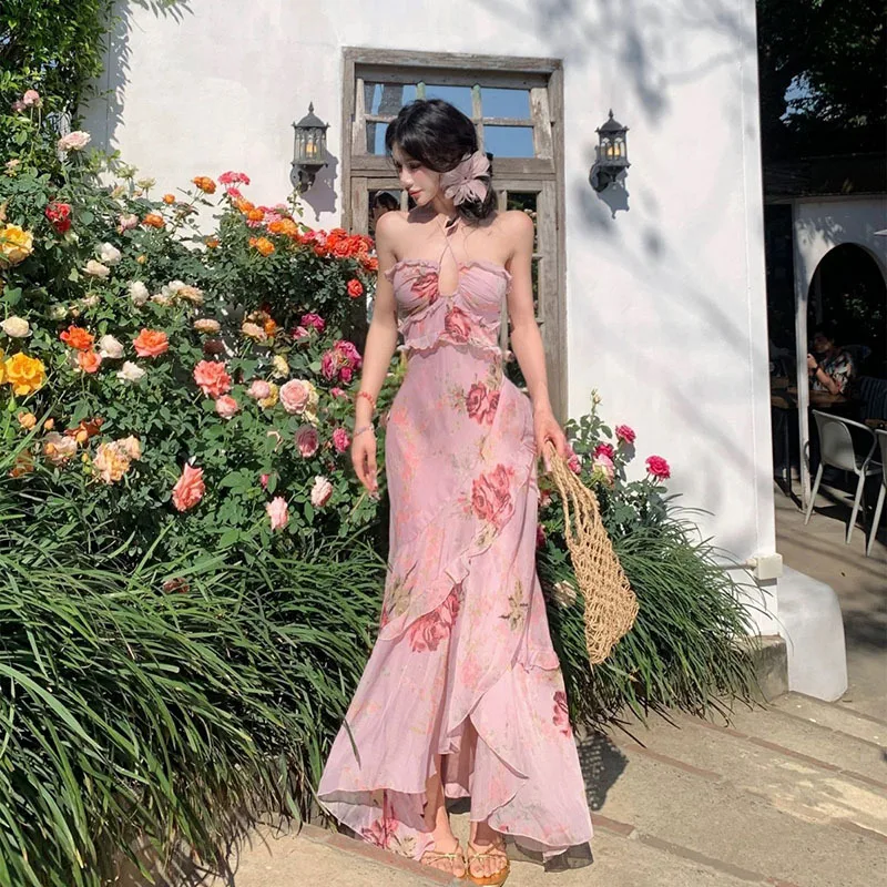 

French Stunning Lotus Leaf Edge Floral Neck Sling Hot Spring Swimsuit Sexy Pure Wind Fairy Skirt Swimsuit Bathing Suit