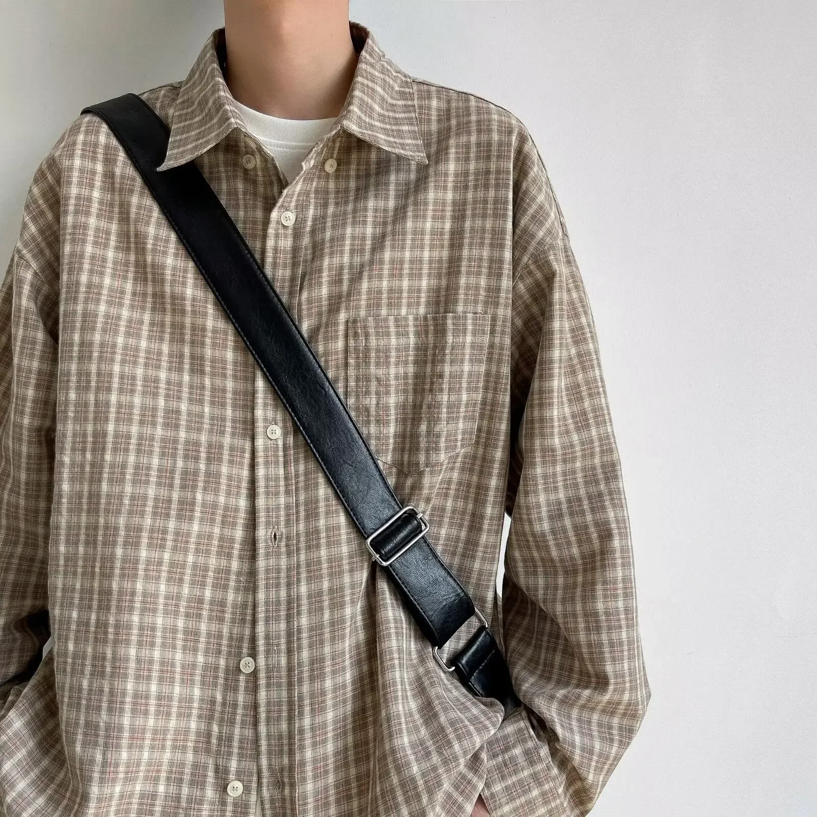 Japanese Retro Checkered Long Sleeved Shirt For Men Autumn Korean Fashion Casual Loose Fit Men's Shirt Coat Y2k Streetwear