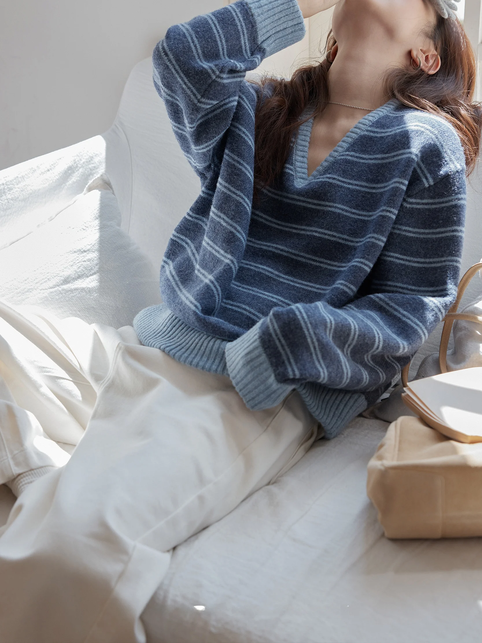 

Vnook Women's Loose Fit V-Ne Striped Knitwear Autumn Winter New Sle Casual Sle Long Sve round Ne Top