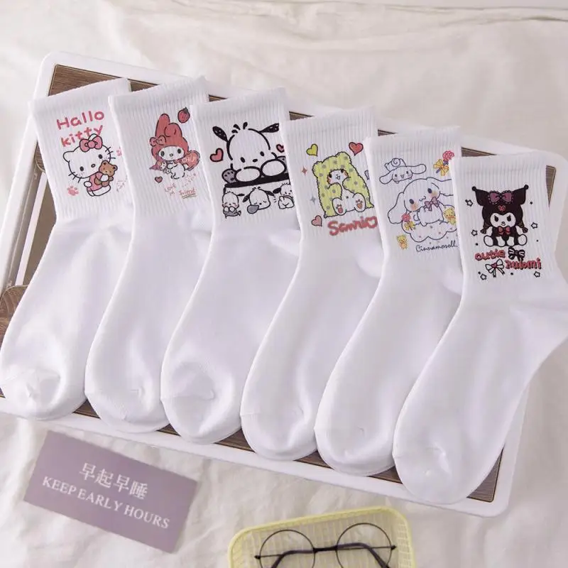 

6Pc Sanrio Socks Kawaii Hellokitty Mymelody Kuromi Cinnamoroll Cartoon Student Cotton Socks Cute Girls Versatile Medium Socks