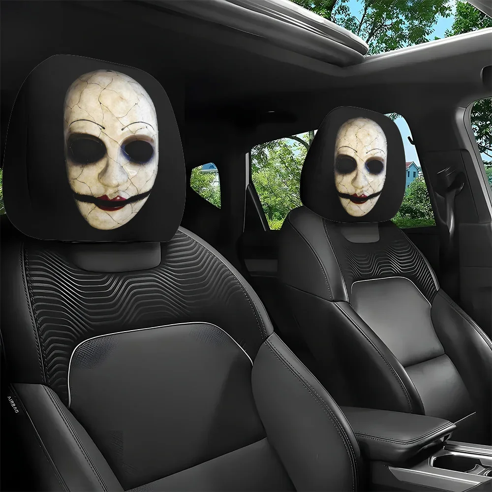 2Pc Halloween Funny Horror Print Car Headrest Cover Elastic Printed Auto Headrest Pillow Case Car Interior Decor