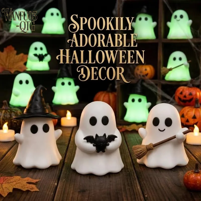 Hot 1/3Pcs Halloween Luminous Mini Ghost Statue Soft Glow In Dark Ornament Cute Spooky Table Decor For Handcraft Holiday Gift