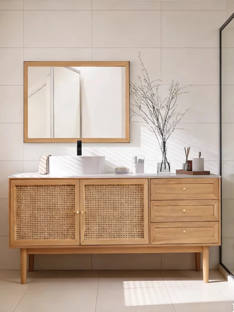 

American country rattan door bathroom cabinet combination bathroom washstand oak cabinet washbasin customization