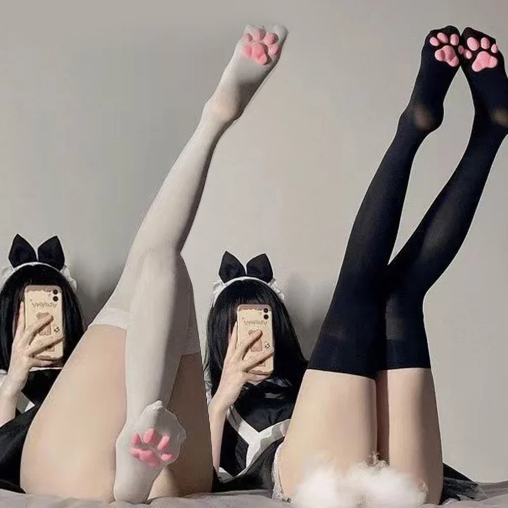 Dehnbare Niedliche Katzenpfoten-Overknee-Strümpfe mit 3D-Silikon-Pfotenpolstern, Kawaii Anime Cosplay Socken für Kostümpartys – Detail 3