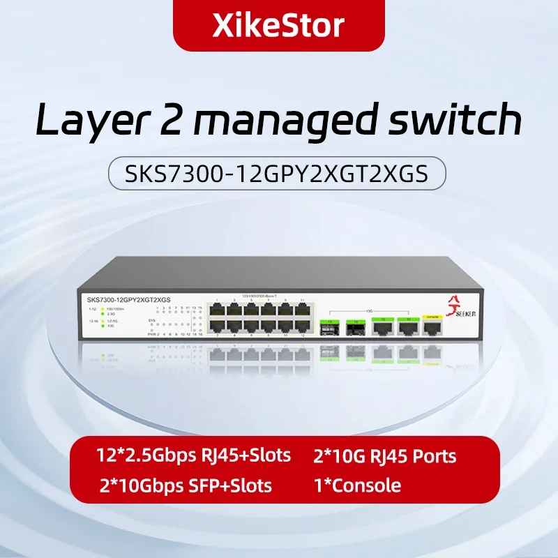 

XikeStor Multi-Gigabit 16 Ports L2 Managed Switch Etherent with 12-Port 2.5G RJ45 2-Port 10G RJ45 2-Port 10G SFP+ CLI/WEB