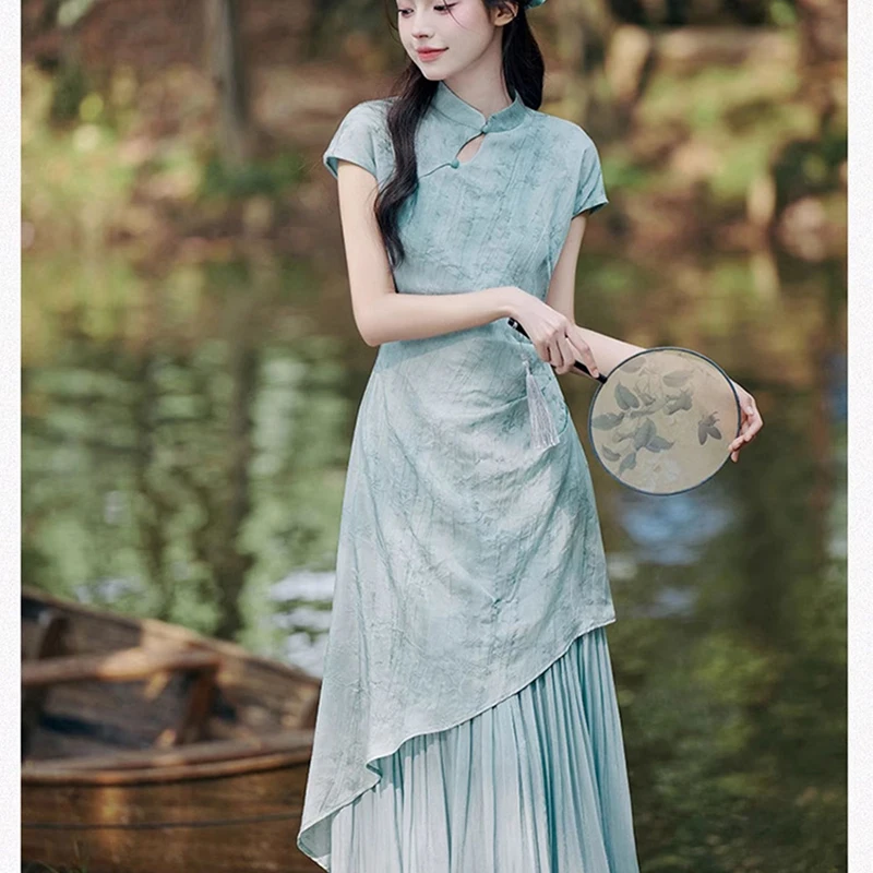Vintage Qipao Dress New Chinese Style Tea Dress Lady Summer Zen Ombre Design Elegant Cheongsam Cool-Tone Feminine Women Clothing