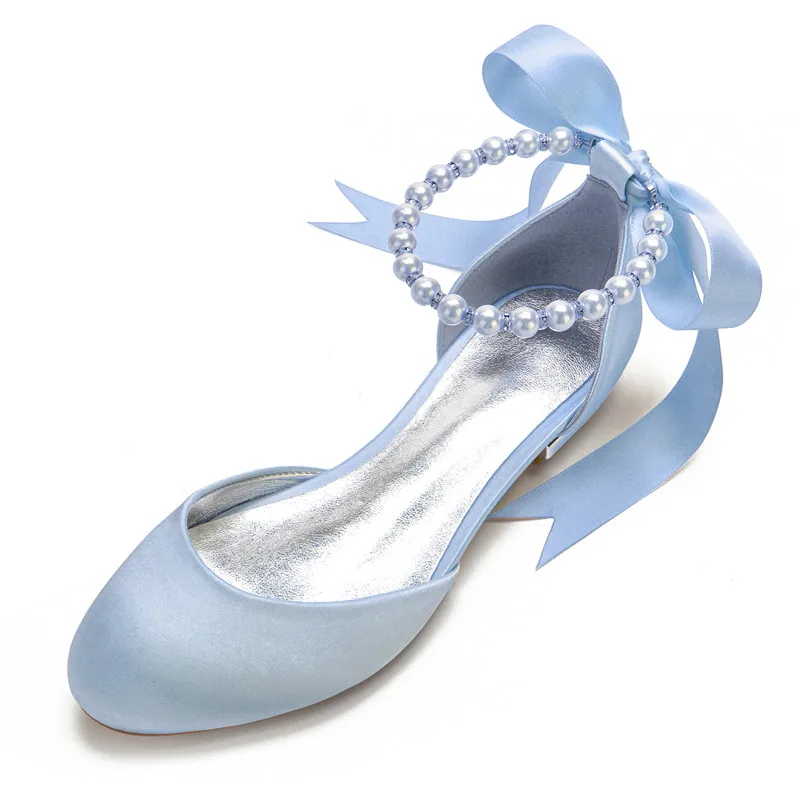 Satin Pearls Wedding Flats for Bride Round Toe Ribbon Tie Evening Formal Party Dress Shoes Women Flat Bridal Sandals