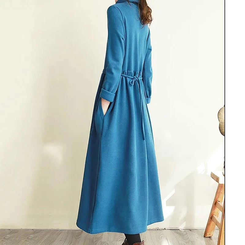 High-Necked Long-Sleeved Dresses Women 2024 New Spring  Autumn Bottoming Long Dress Female Loose Lace-Up Pocket Vintage Dress