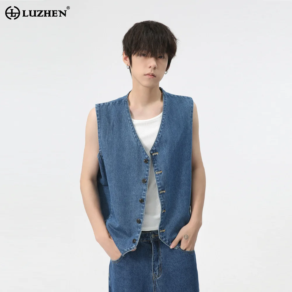 

LUZHEN 2025 New Original Street Wear High Quality Loose Straight Casual Jeans Men's Fashion Handsome Sleeveless Vest Coat JY3355