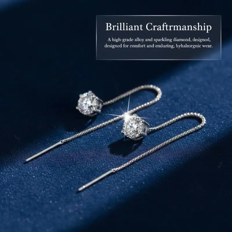 Sparkling 6mm Round Moissanite Threader Earrings Long Tassel Dangle Anti-Allergy Jewelry for Women Birthday Gift